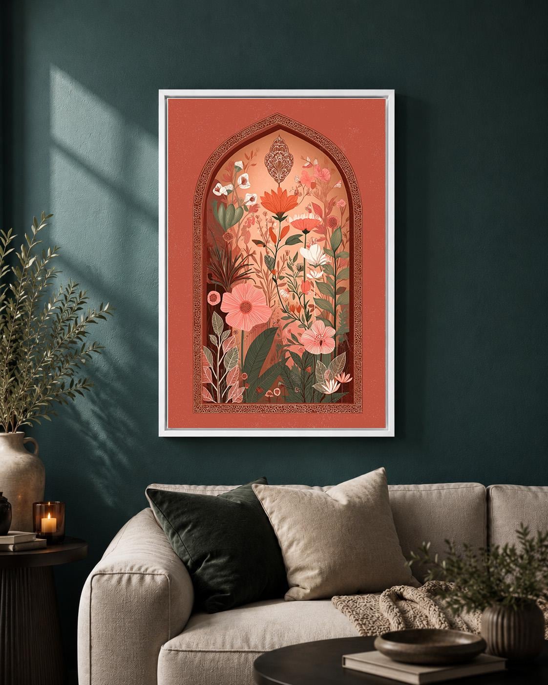 Boho Folk Botanical Framed Canvas Wall Art, Terracotta Arch Floral Print, Warm Earth Tone Decor by The Wall Art Studio - p...