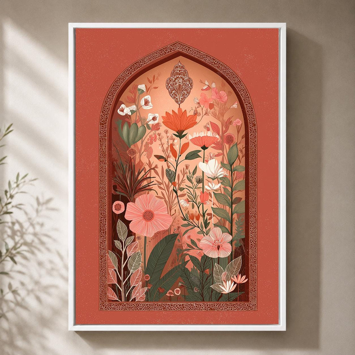 Boho Folk Botanical Framed Canvas Wall Art, Terracotta Arch Floral Print, Warm Earth Tone Decor by The Wall Art Studio - p...