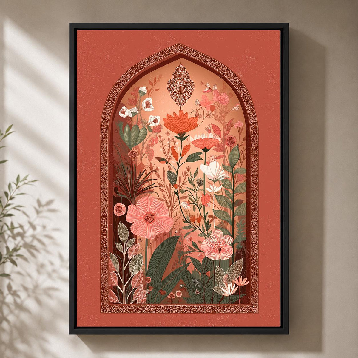 Boho Folk Botanical Framed Canvas Wall Art, Terracotta Arch Floral Print, Warm Earth Tone Decor by The Wall Art Studio - p...