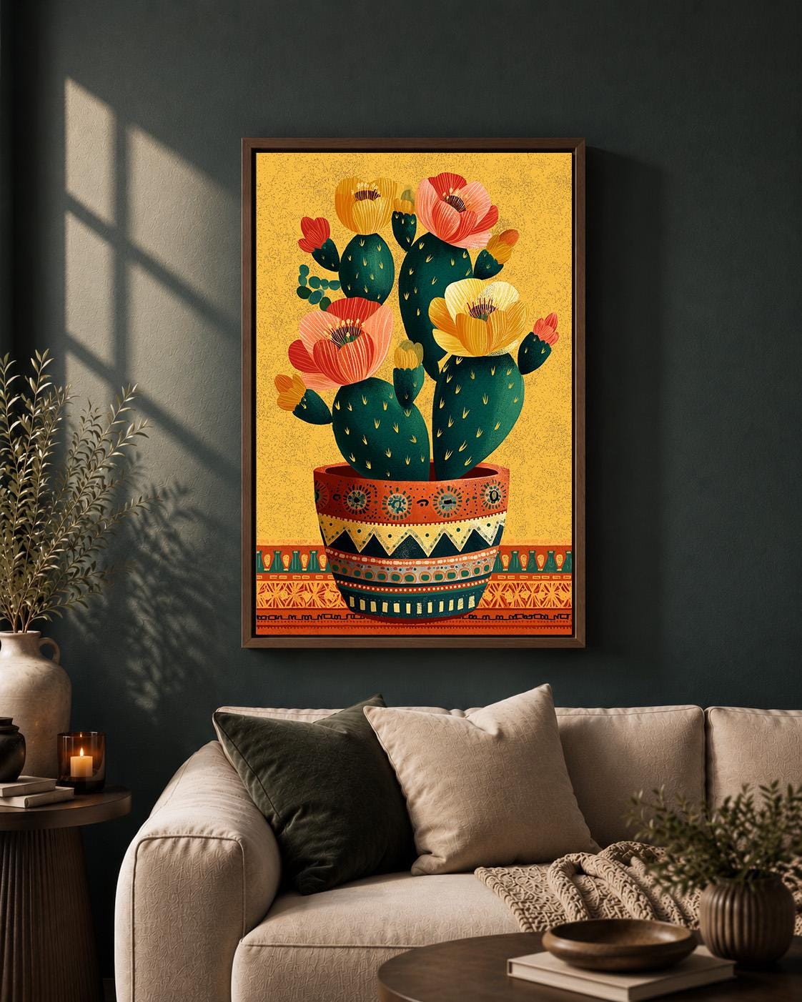 Cactus Flower Framed Canvas Wall Art, Boho Desert Botanical Artwork, Colorful Southwestern Canvas Decor by The Wall Art St...