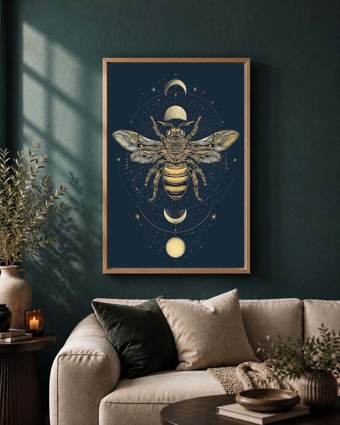 Celestial Bee Moon Phase Framed Canvas Art, Mystic Botanical Insect Wall Decor by The Wall Art Studio - physical