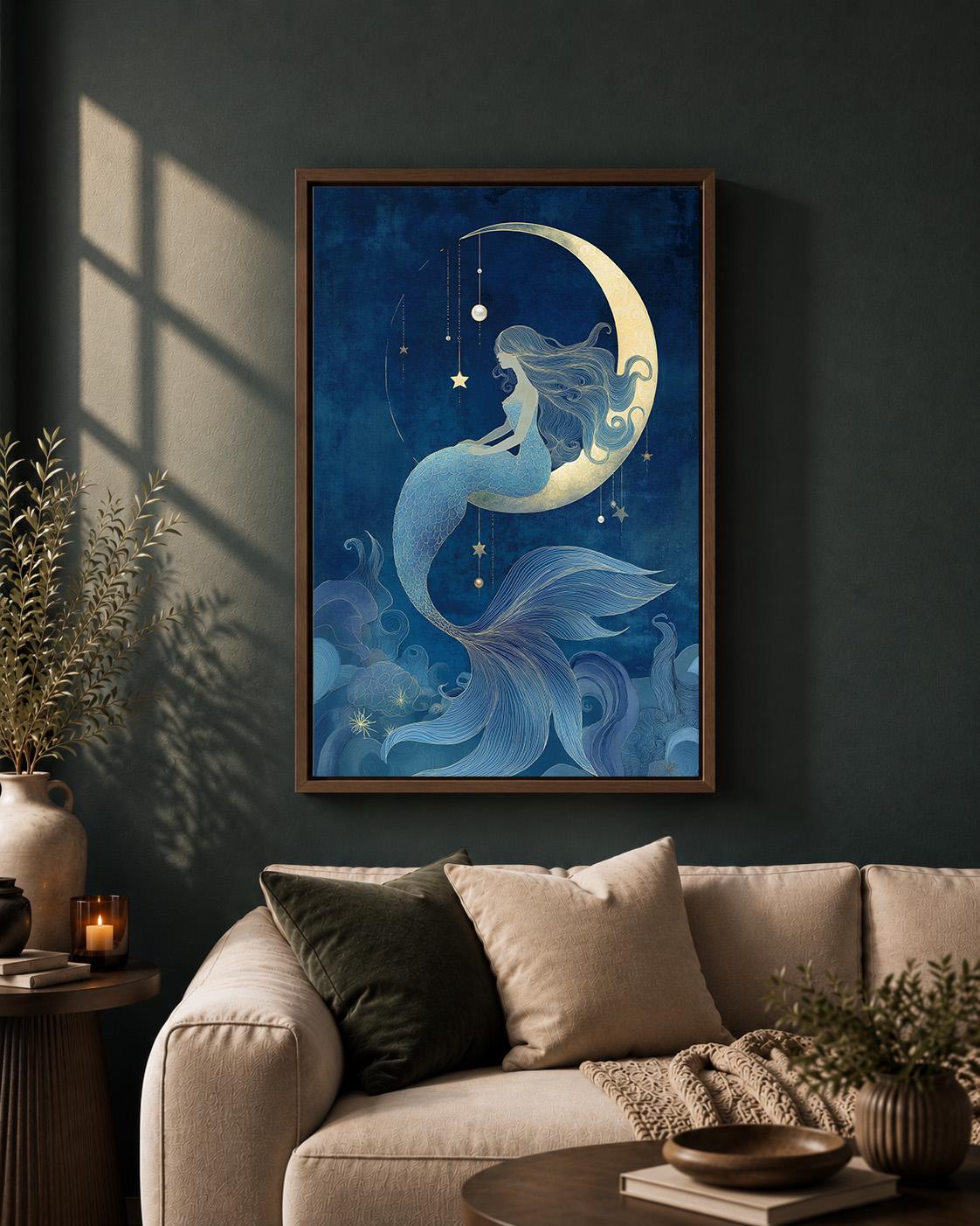 Celestial Mermaid Framed Canvas Art, Moon Fantasy Ocean Decor, Mystic Coastal Artwork by The Wall Art Studio - physical