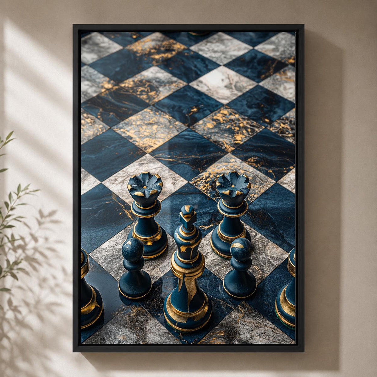 Chess Board Framed Canvas Art, Blue Gold Print, Masculine Office Decor by The Wall Art Studio - physical