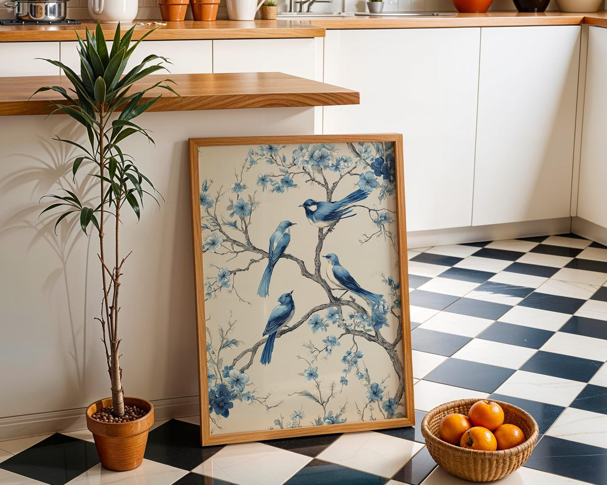 Chinoiserie Bird Print, Blue Floral Botanical Wall Art, Asian Inspired Decor by The Wall Art Studio - physical