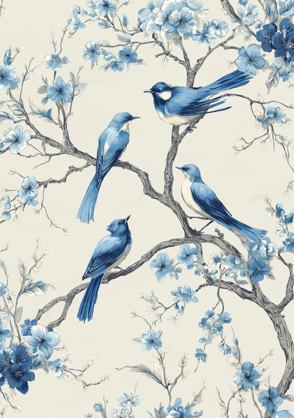 Chinoiserie Bird Print, Blue Floral Botanical Wall Art, Asian Inspired Decor by The Wall Art Studio - physical