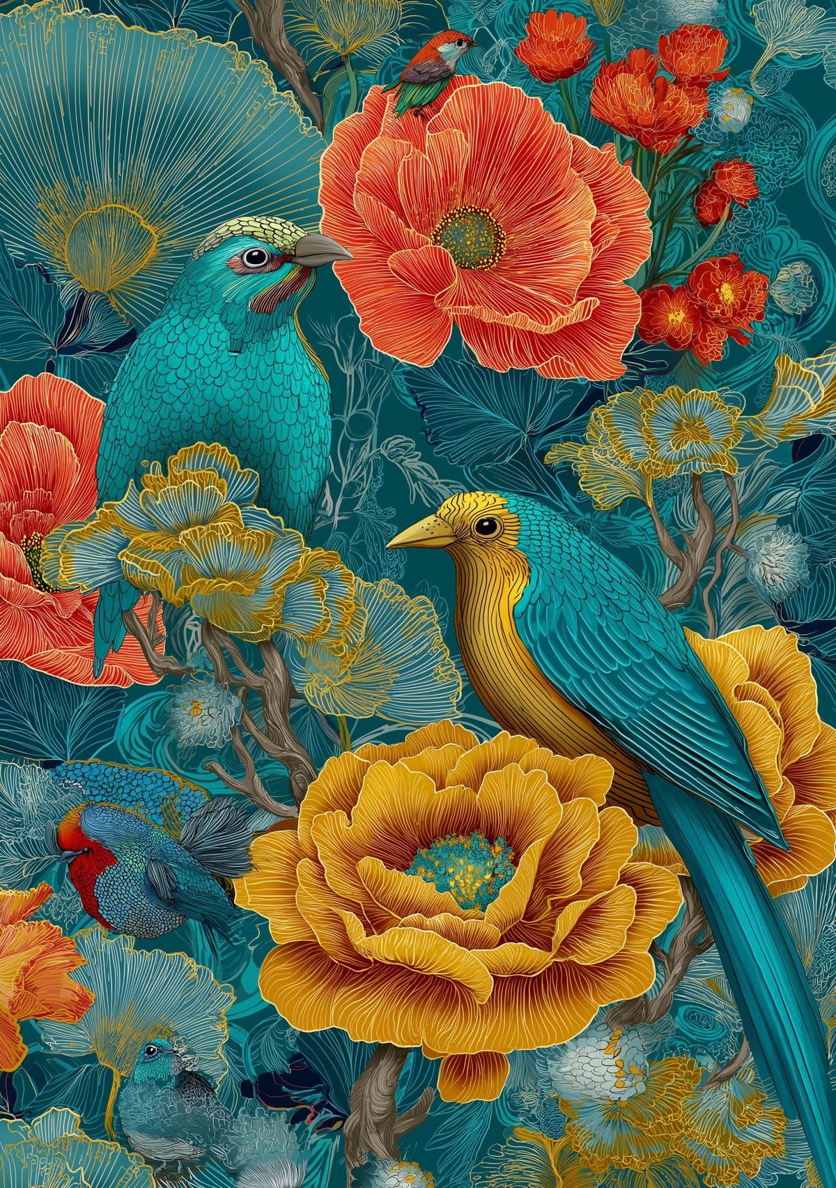 Chinoiserie Bird Print, Maximalist Floral Botanical Wall Art, Teal Pink Asian Decor by The Wall Art Studio - physical