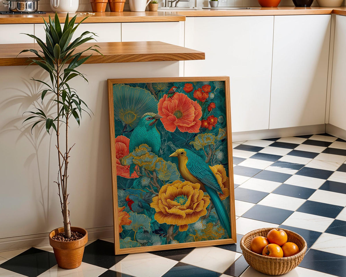 Chinoiserie Bird Print, Maximalist Floral Botanical Wall Art, Teal Pink Asian Decor by The Wall Art Studio - physical