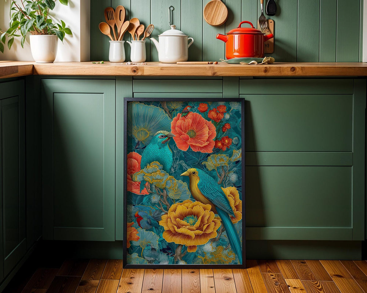Chinoiserie Bird Print, Maximalist Floral Botanical Wall Art, Teal Pink Asian Decor by The Wall Art Studio - physical