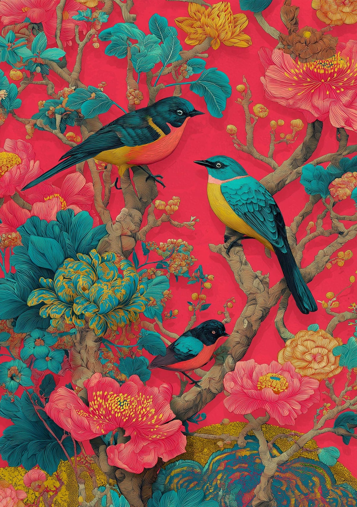 Chinoiserie Bird Print, Maximalist Floral Botanical Wall Art, Teal Pink Asian Decor by The Wall Art Studio - physical