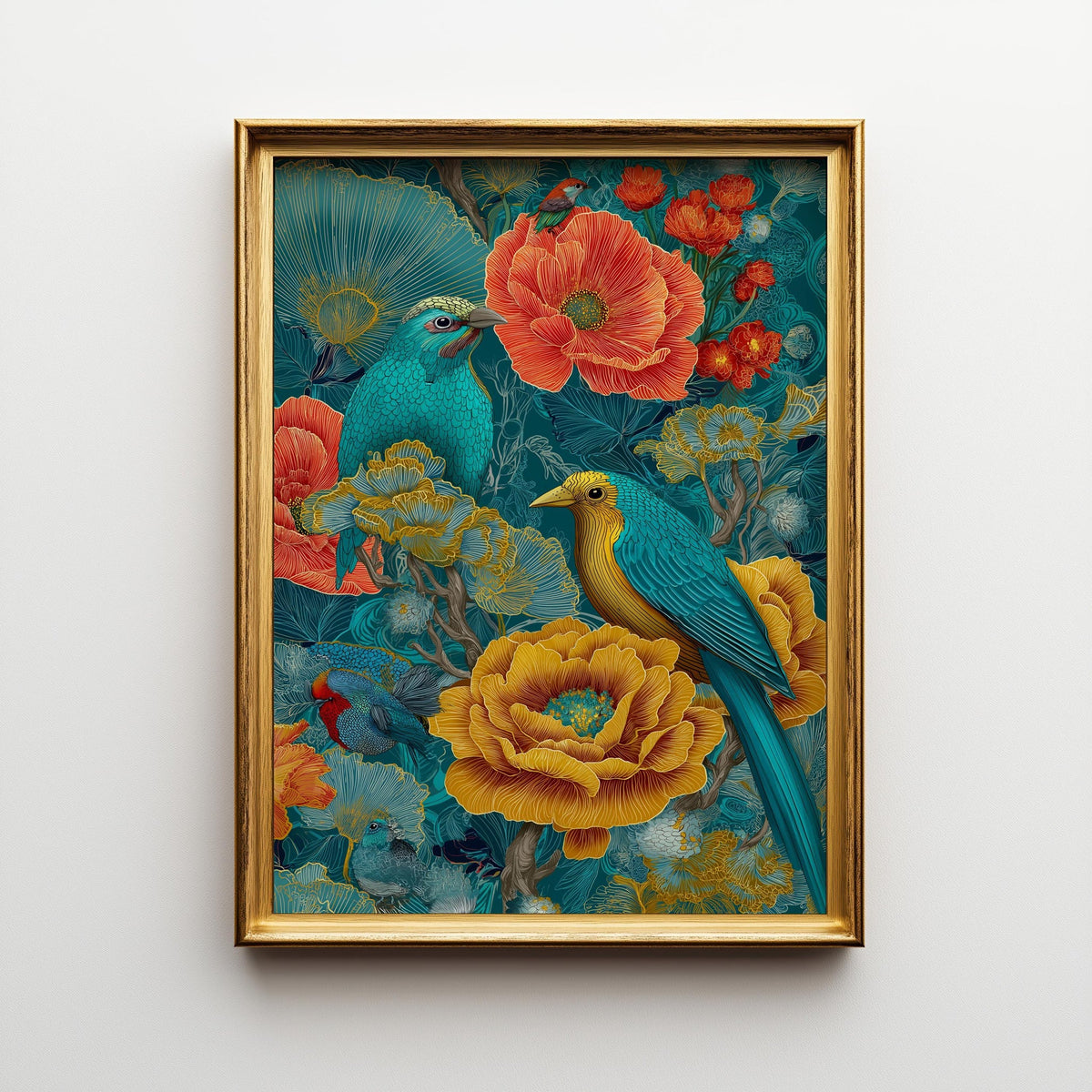 Chinoiserie Bird Print, Maximalist Floral Botanical Wall Art, Teal Pink Asian Decor by The Wall Art Studio - physical