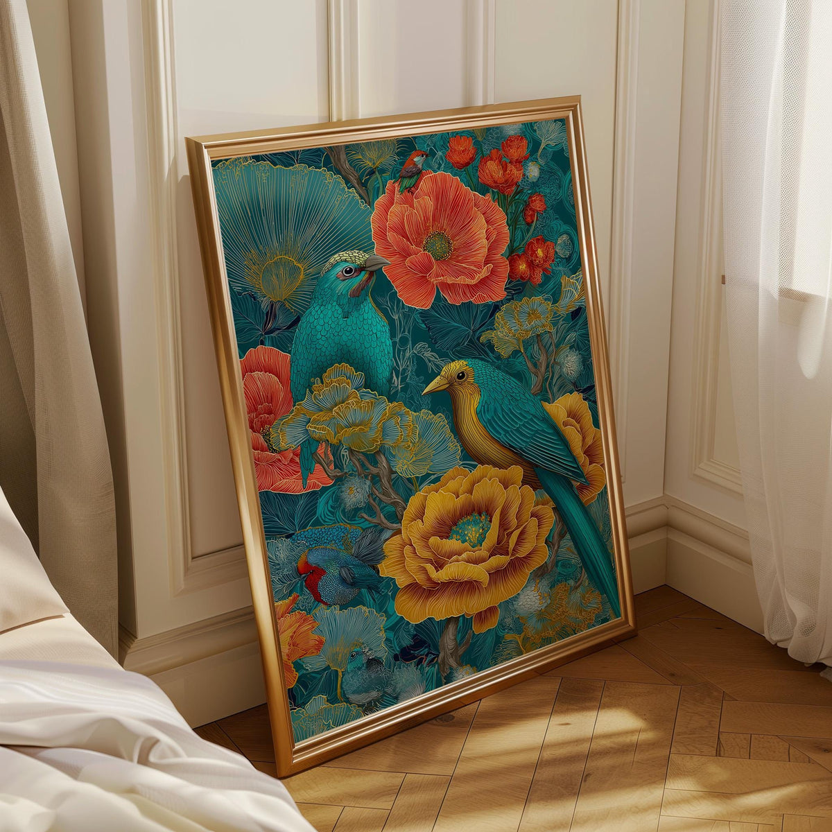 Chinoiserie Bird Print, Maximalist Floral Botanical Wall Art, Teal Pink Asian Decor by The Wall Art Studio - physical