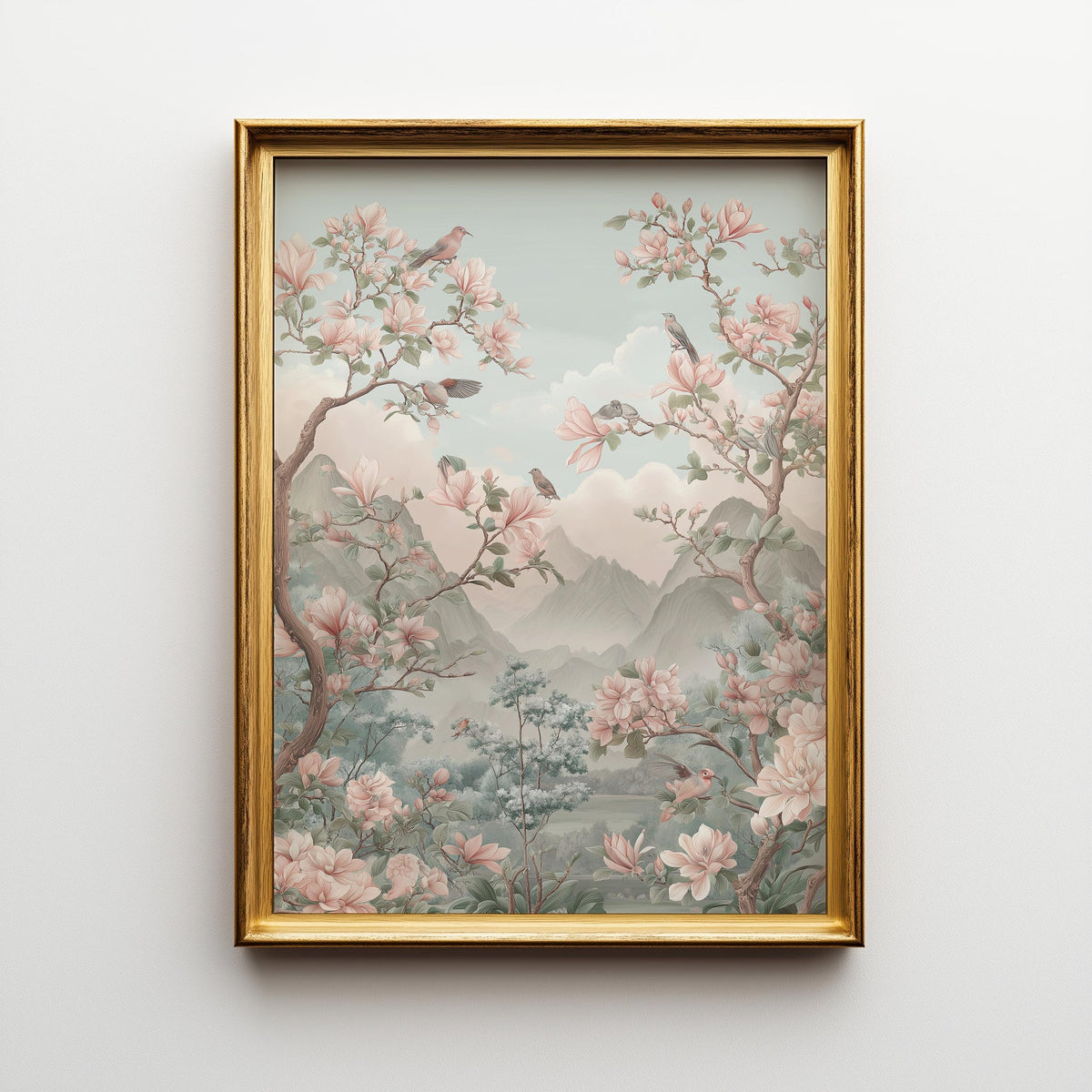 Chinoiserie Cherry Blossom Wall Art, Asian Landscape Bird Print, Soft Pastel Oriental Garden Décor, Japanese Floral Poster...