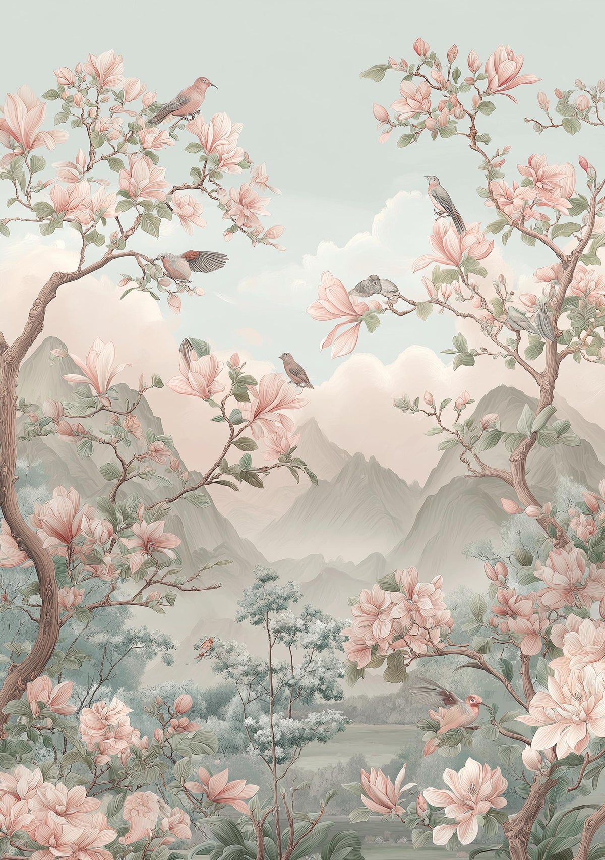 Chinoiserie Cherry Blossom Wall Art, Asian Landscape Bird Print, Soft Pastel Oriental Garden Décor, Japanese Floral Poster...