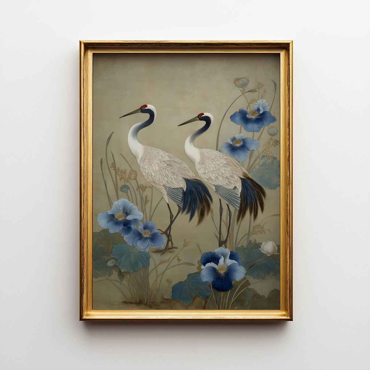 Chinoiserie Crane Print, Blue Beige Floral Asian Inspired Wall Art by The Wall Art Studio - physical