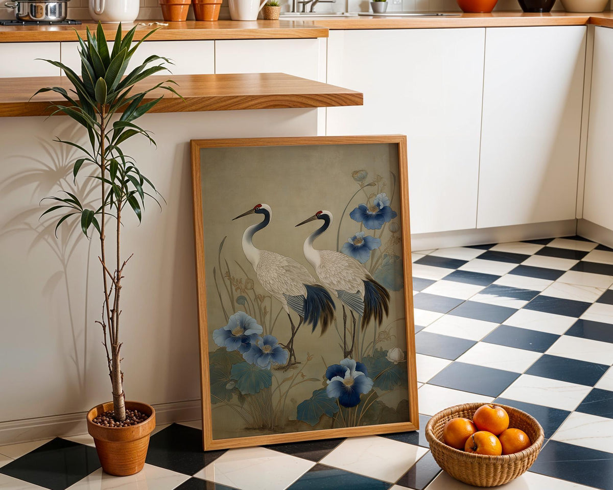 Chinoiserie Crane Print, Blue Beige Floral Asian Inspired Wall Art by The Wall Art Studio - physical