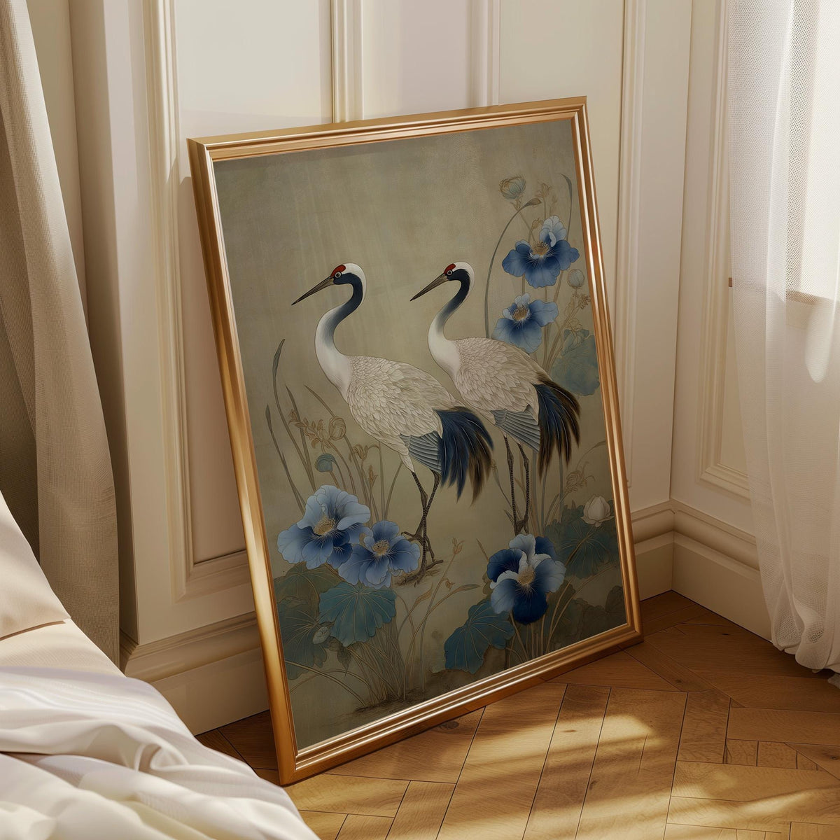 Chinoiserie Crane Print, Blue Beige Floral Asian Inspired Wall Art by The Wall Art Studio - physical