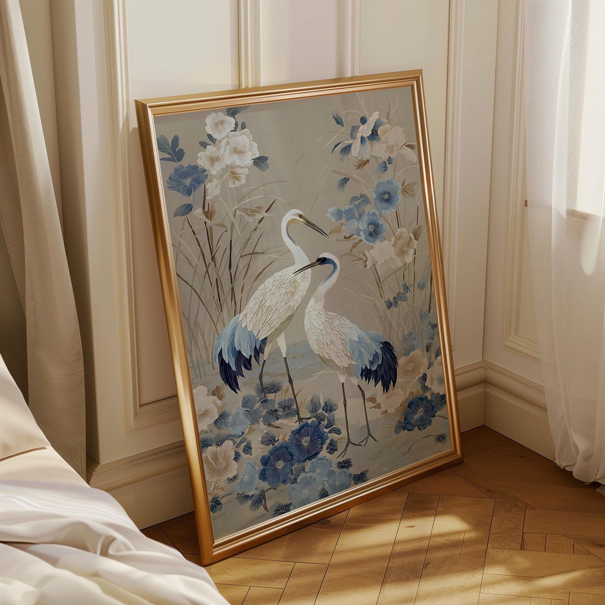 Chinoiserie Crane Wall Art, Blue and Beige Bird Print, Elegant Floral Wall Art, Asian Inspired Decor, Neutral Botanical Pr...