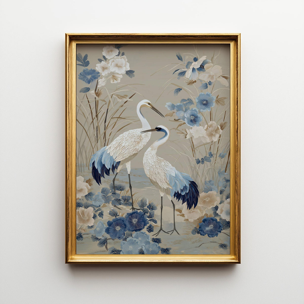 Chinoiserie Crane Wall Art, Blue and Beige Bird Print, Elegant Floral Wall Art, Asian Inspired Decor, Neutral Botanical Pr...