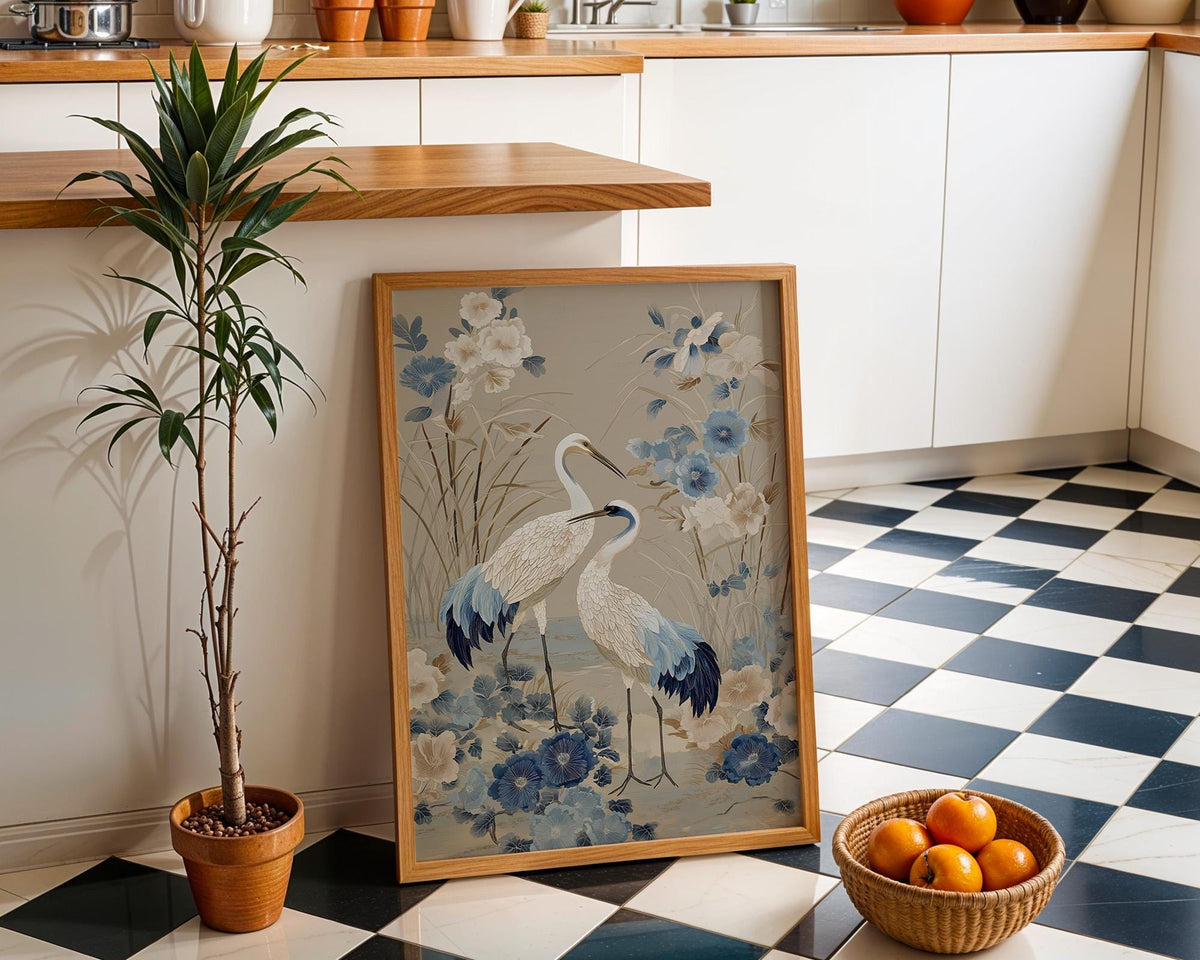 Chinoiserie Crane Wall Art, Blue and Beige Bird Print, Elegant Floral Wall Art, Asian Inspired Decor, Neutral Botanical Pr...