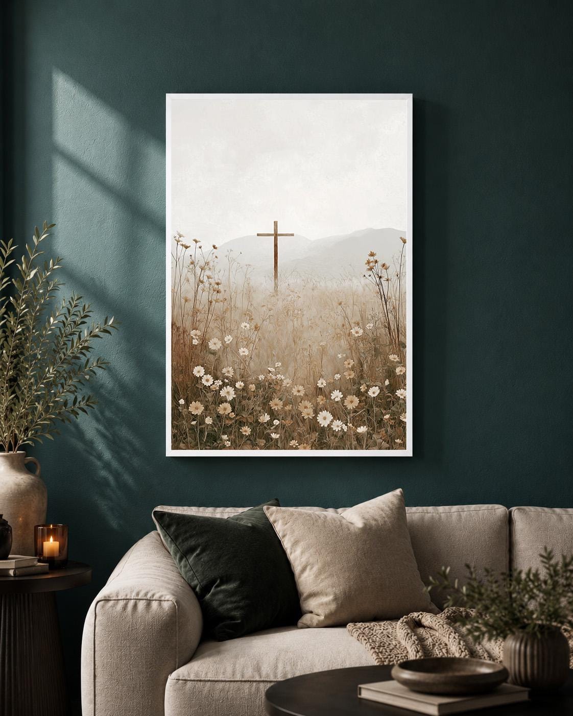 Christian Cross Wildflower Landscape Framed Canvas Art, Minimalist Faith Decor by The Wall Art Studio - physical