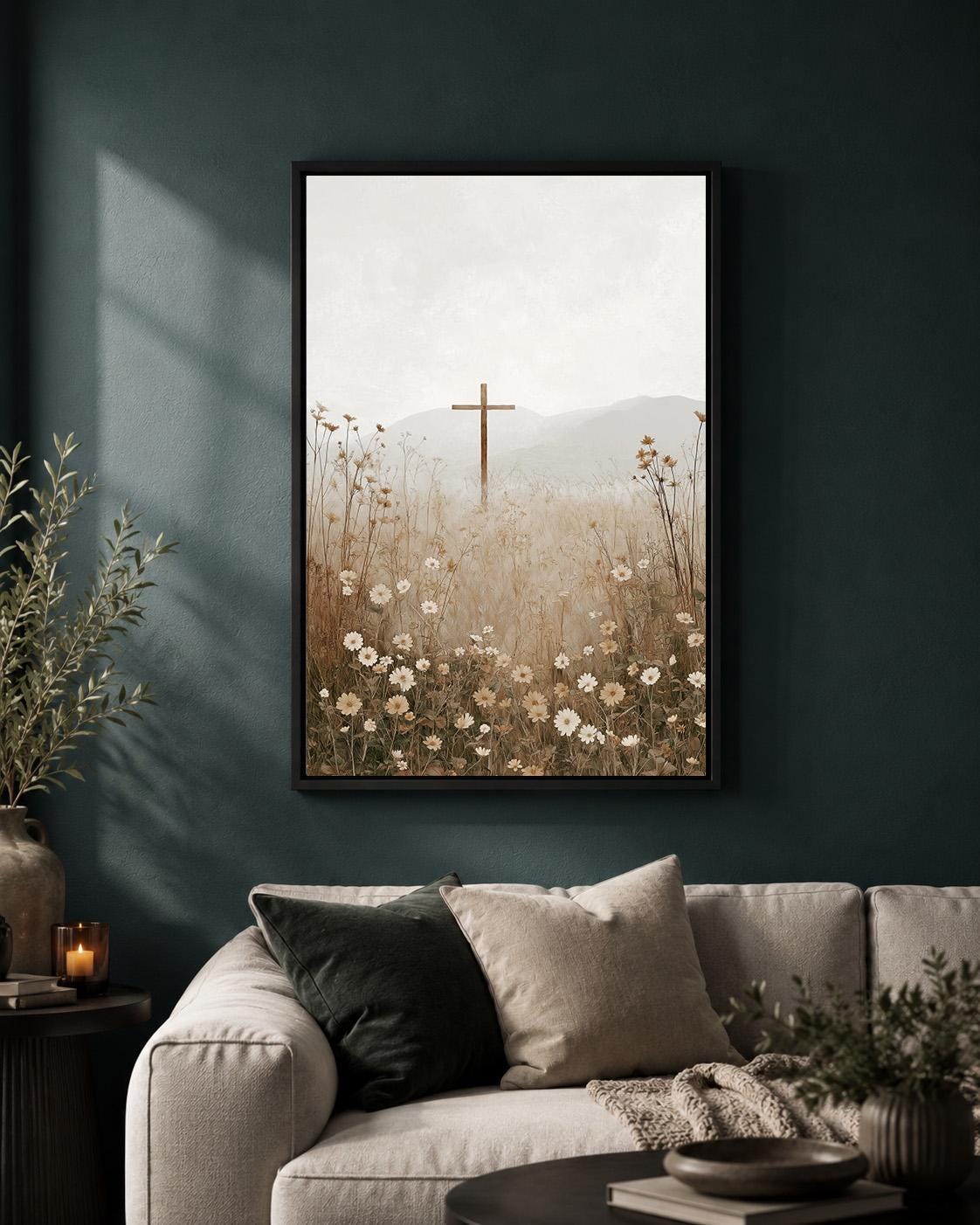 Christian Cross Wildflower Landscape Framed Canvas Art, Minimalist Faith Decor by The Wall Art Studio - physical