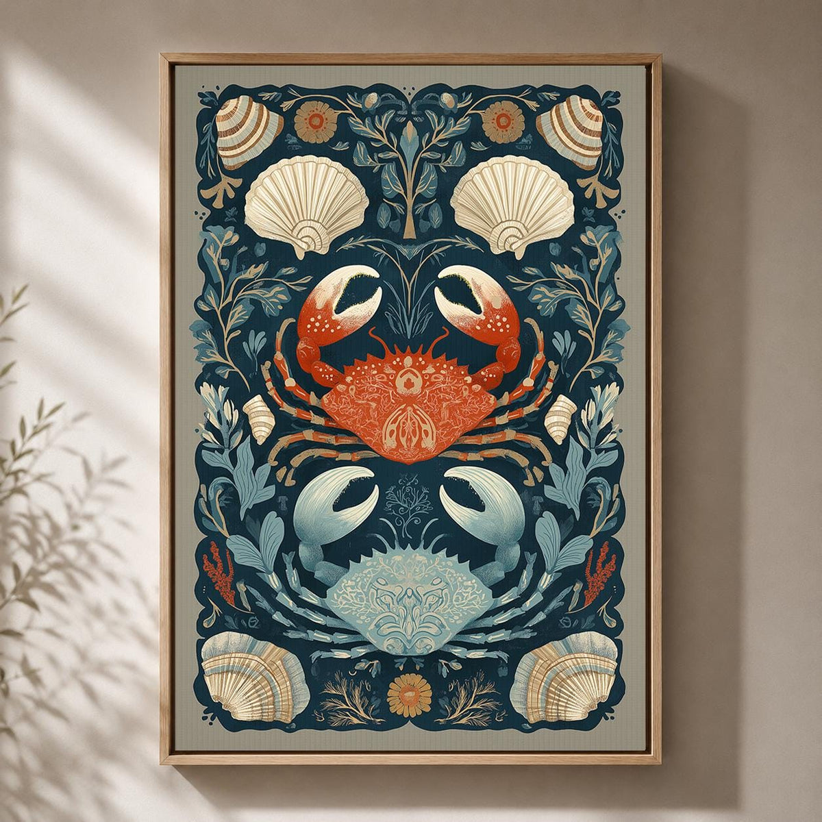Coastal Crab Framed Canvas Art, Nautical Shell Print, Folk Sea Life Decor by The Wall Art Studio - physical