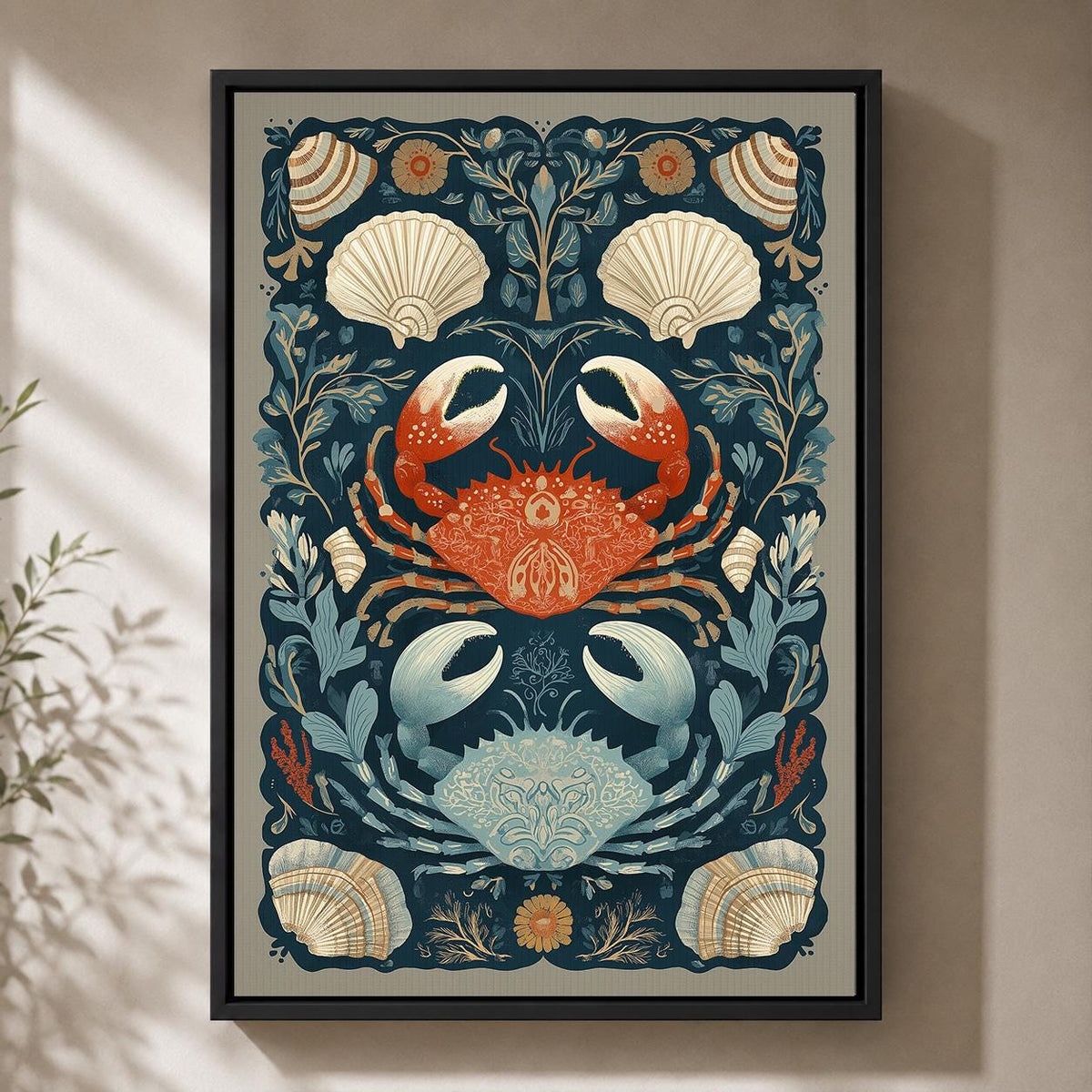 Coastal Crab Framed Canvas Art, Nautical Shell Print, Folk Sea Life Decor by The Wall Art Studio - physical