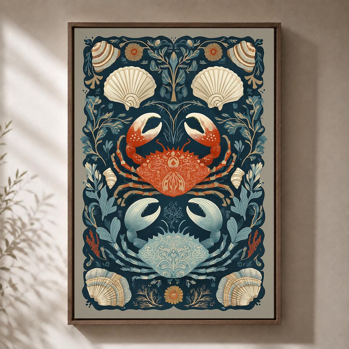 Coastal Crab Framed Canvas Art, Nautical Shell Print, Folk Sea Life Decor by The Wall Art Studio - physical