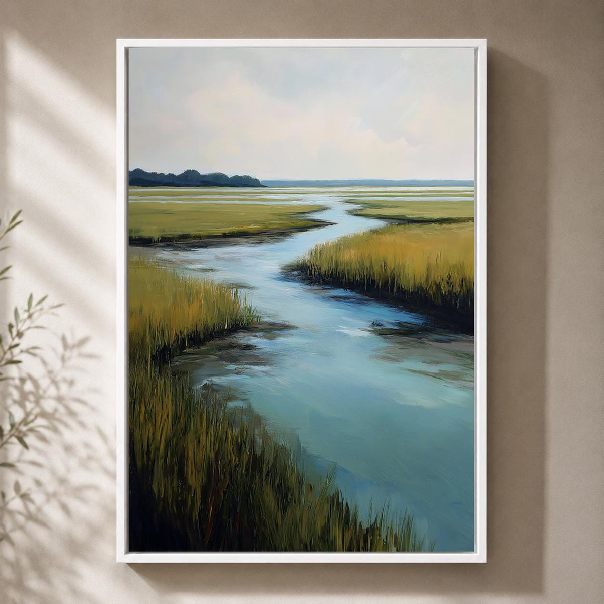 Coastal Marsh Landscape Framed Canvas Wall Art, Serene Salt Waterway Painting by The Wall Art Studio - physical