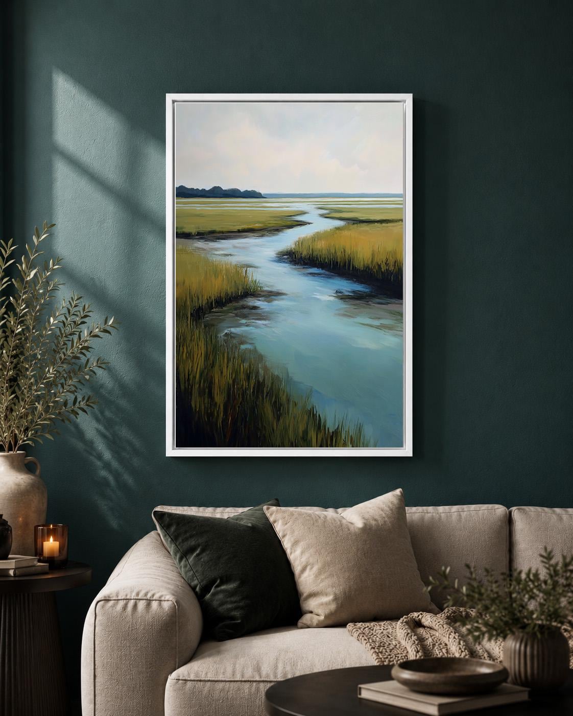 Coastal Marsh Landscape Framed Canvas Wall Art, Serene Salt Waterway Painting by The Wall Art Studio - physical