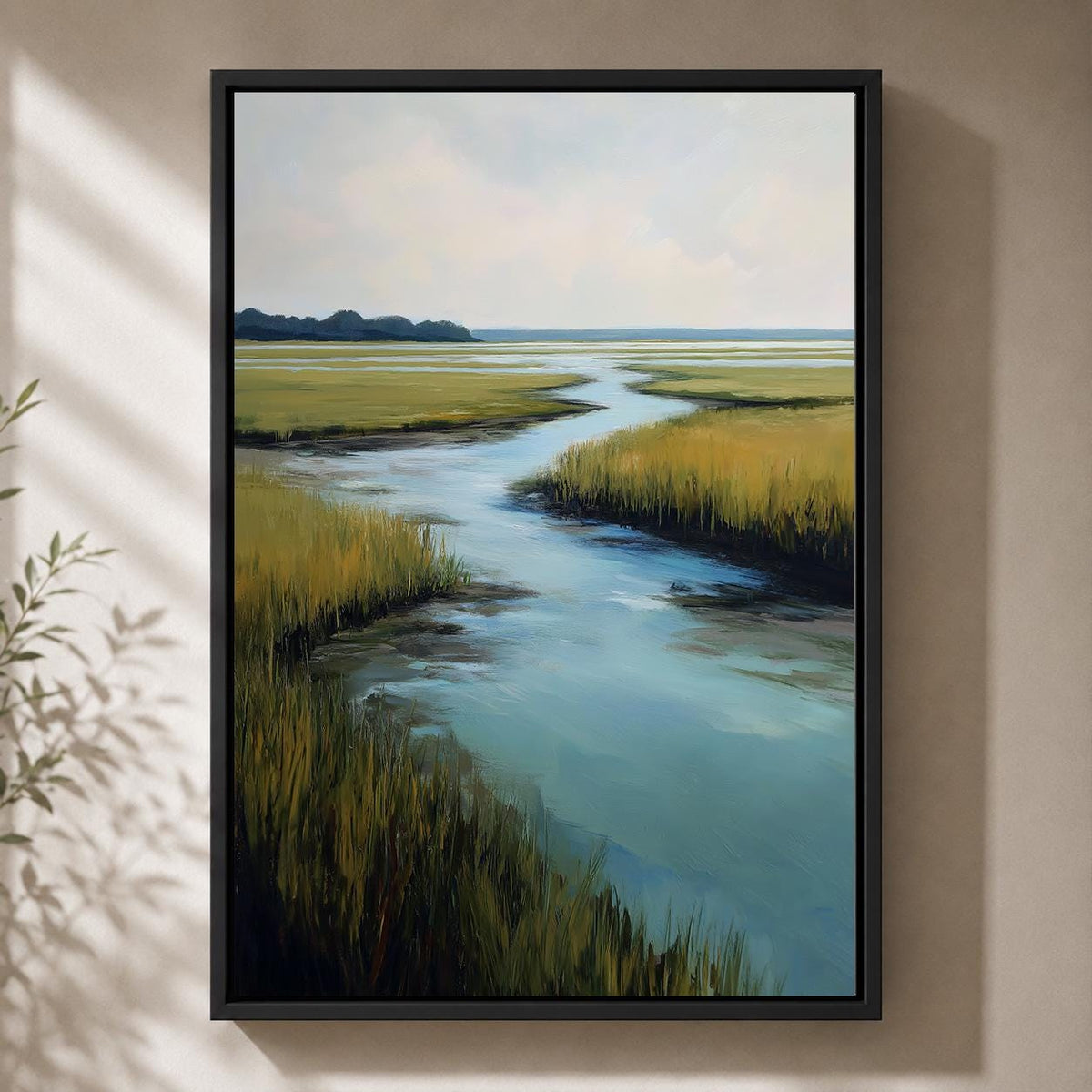 Coastal Marsh Landscape Framed Canvas Wall Art, Serene Salt Waterway Painting by The Wall Art Studio - physical