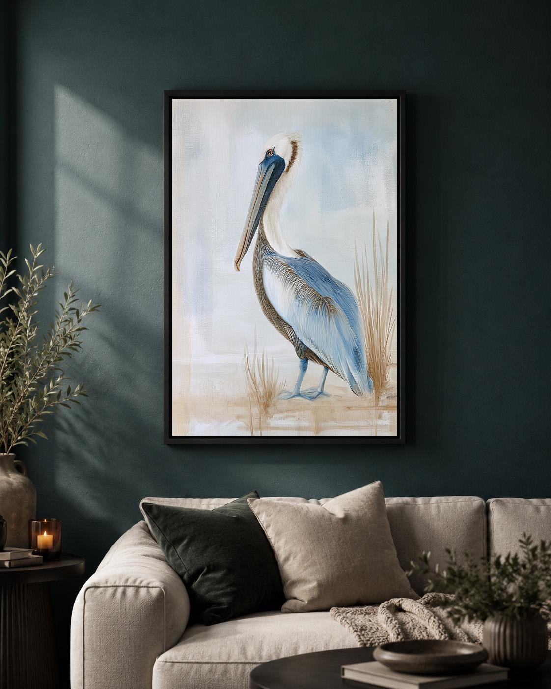 Coastal Pelican Framed Canvas Art, Beach House Bird Print, Nautical Decor by The Wall Art Studio - physical