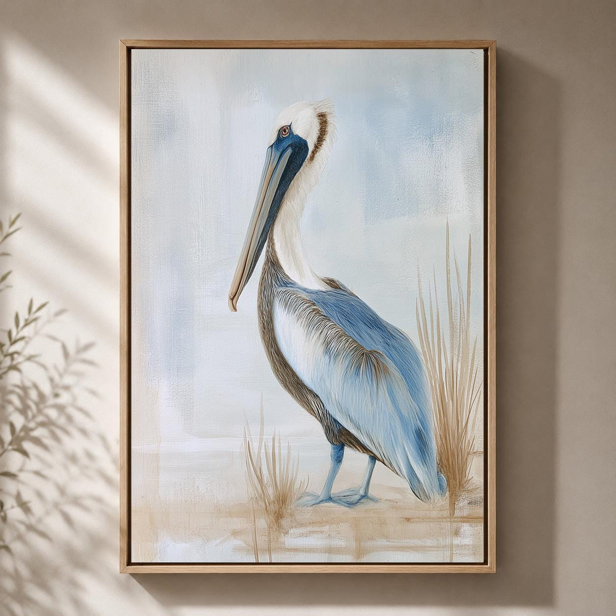 Coastal Pelican Framed Canvas Art, Beach House Bird Print, Nautical Decor by The Wall Art Studio - physical