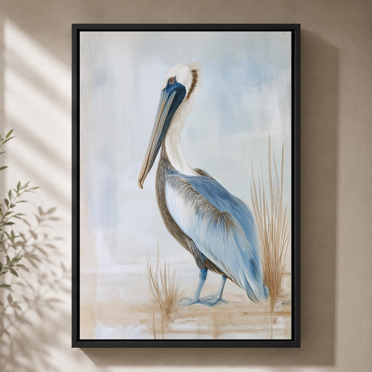 Coastal Pelican Framed Canvas Art, Beach House Bird Print, Nautical Decor by The Wall Art Studio - physical