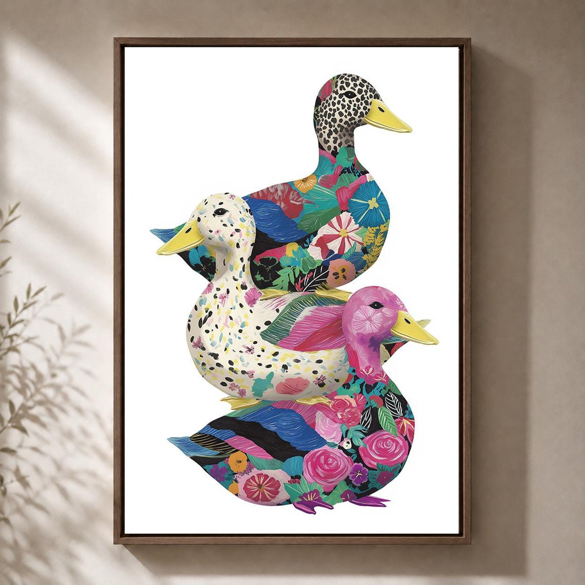 Colorful Floral Duck Framed Canvas Art, Whimsical Waterfowl Print, Maximalist Animal Decor by The Wall Art Studio - physical