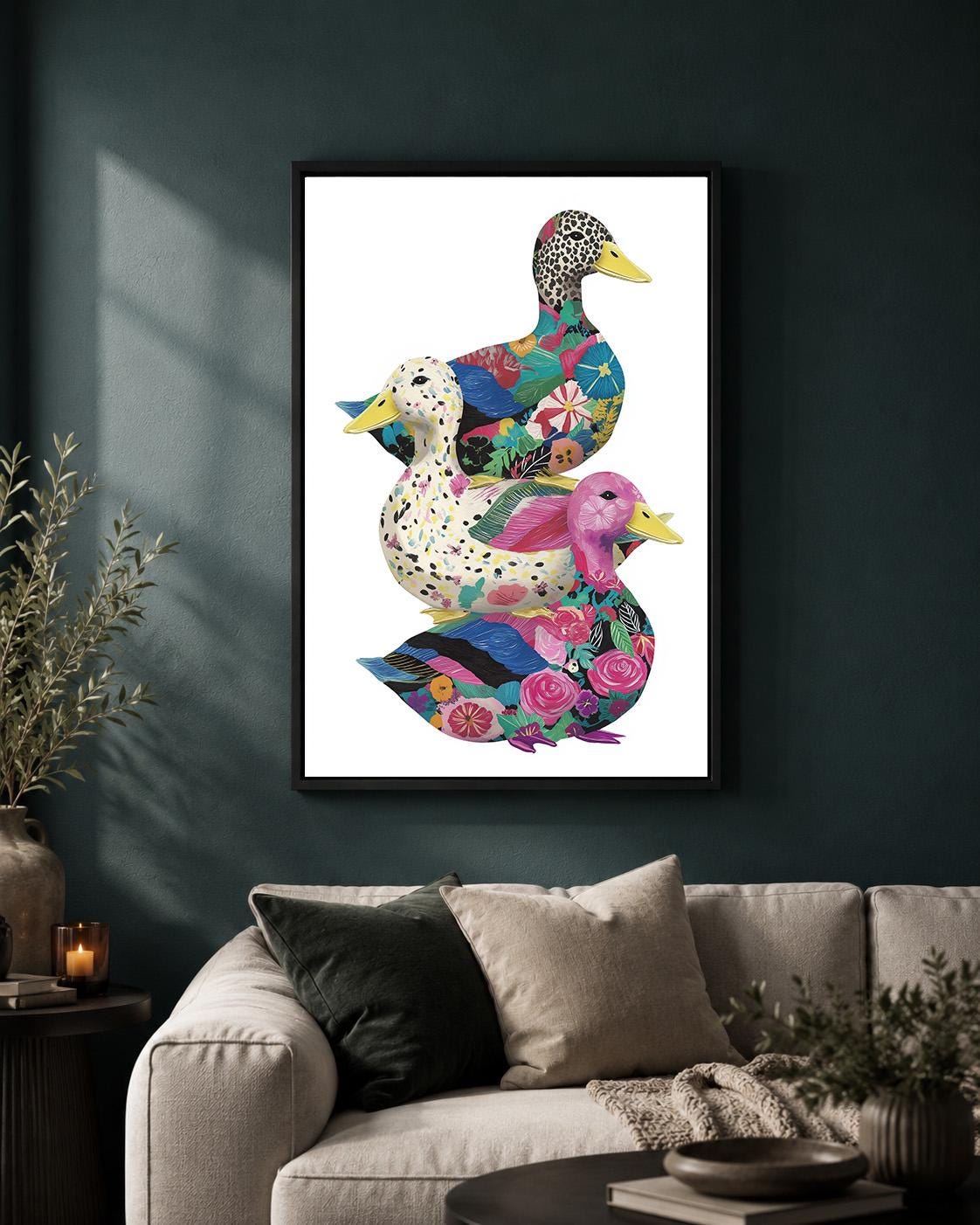 Colorful Floral Duck Framed Canvas Art, Whimsical Waterfowl Print, Maximalist Animal Decor by The Wall Art Studio - physical