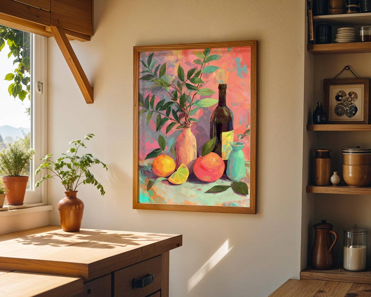 Colourful Still Life Art Print • Modern Wine & Citrus Wall Art • Vibrant Kitchen Décor • Painterly Fruit Illustration • Co...