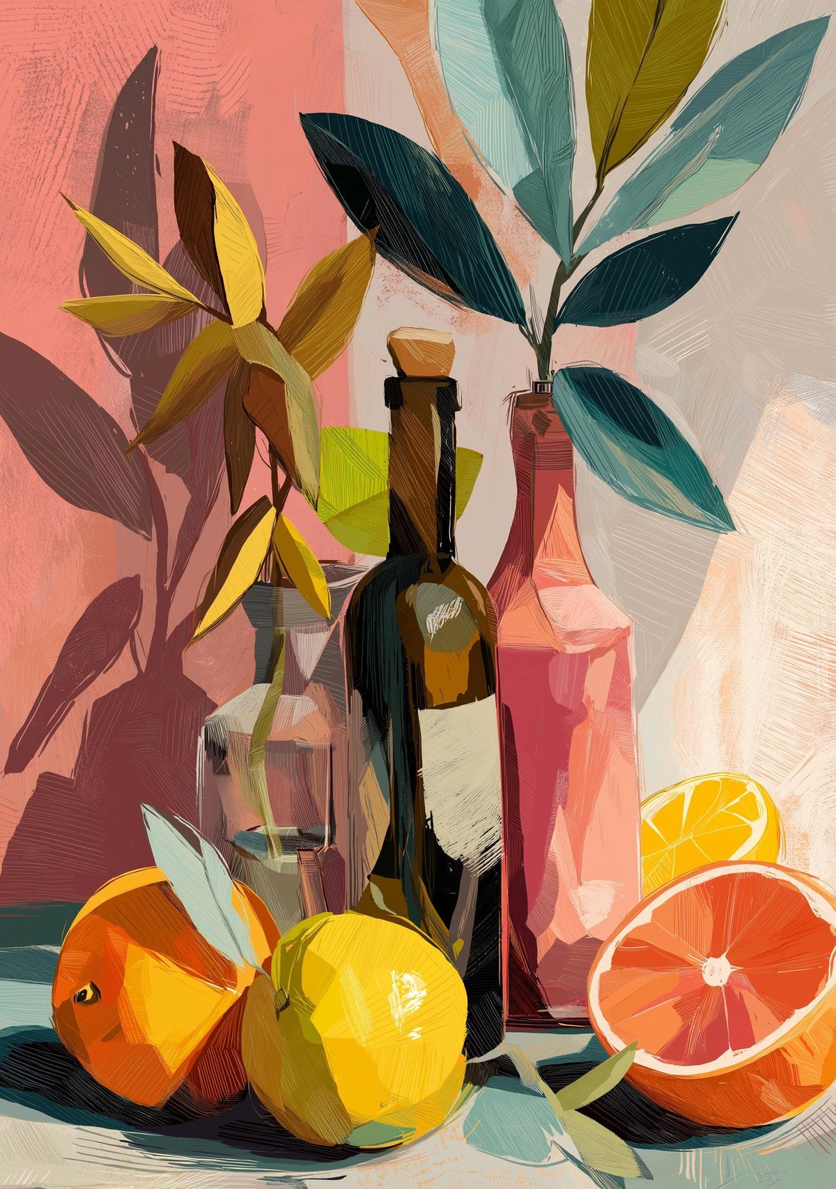 Colourful Still Life Art Print • Modern Wine & Citrus Wall Art • Vibrant Kitchen Décor • Painterly Fruit Illustration • Co...