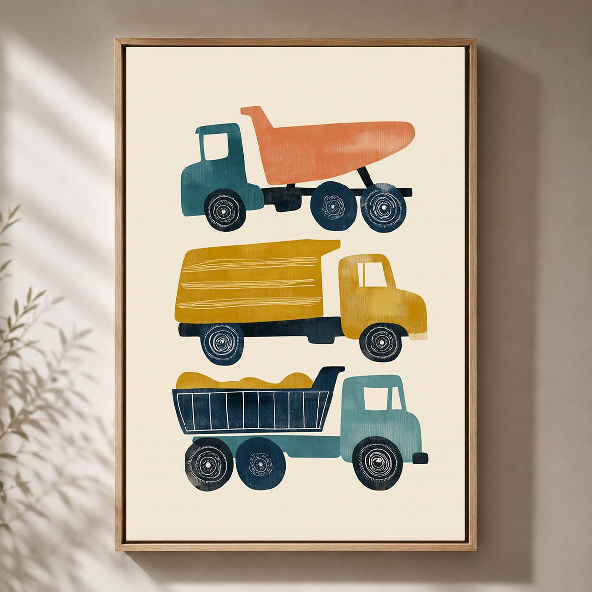 Construction Trucks Mid Century Modern Framed Canvas Art, Retro Vehicle Nursery Artwork by The Wall Art Studio - physical