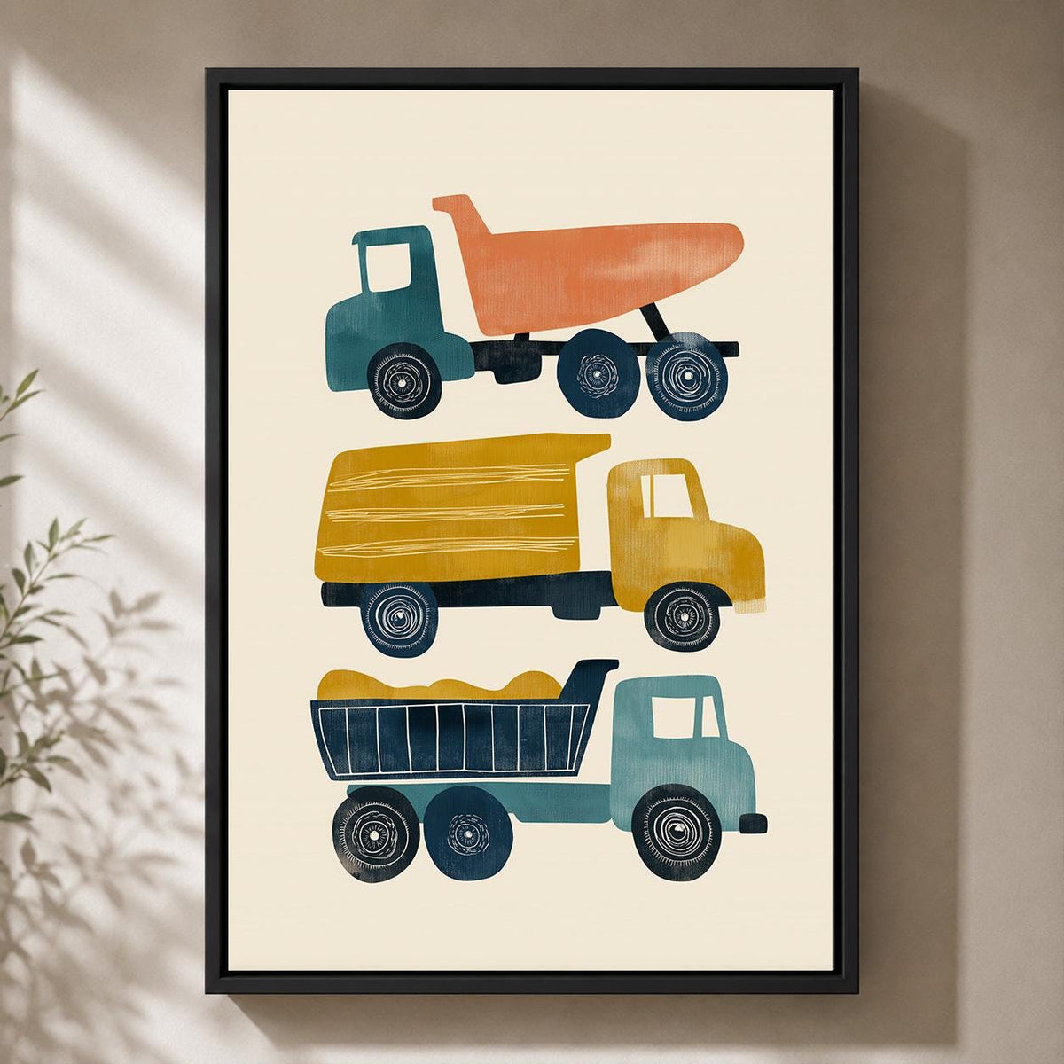 Construction Trucks Mid Century Modern Framed Canvas Art, Retro Vehicle Nursery Artwork by The Wall Art Studio - physical