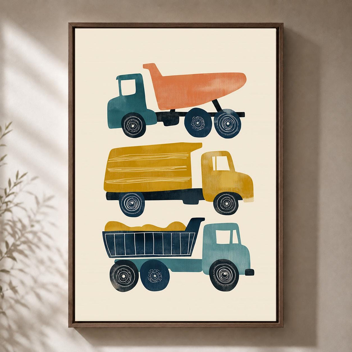 Construction Trucks Mid Century Modern Framed Canvas Art, Retro Vehicle Nursery Artwork by The Wall Art Studio - physical