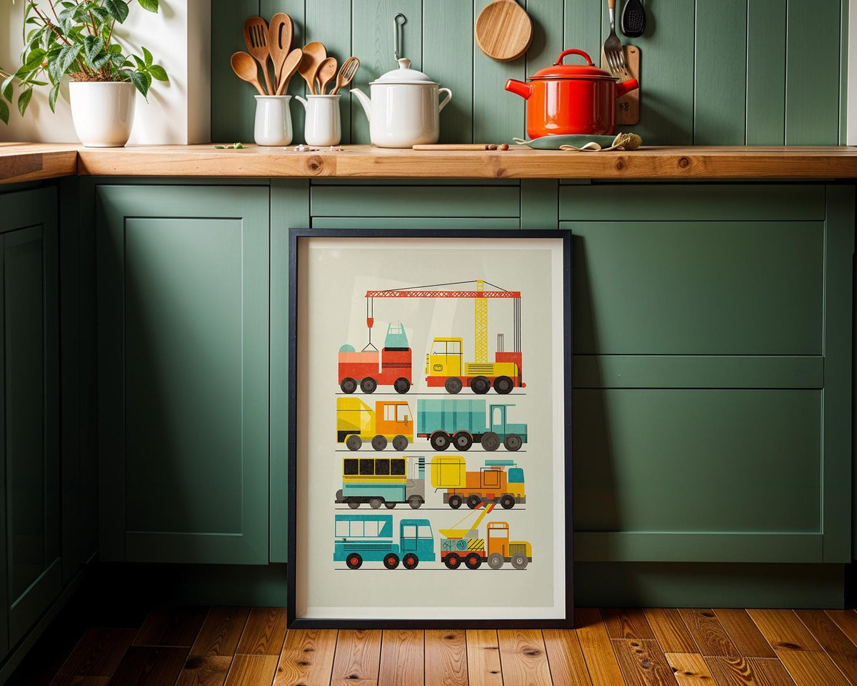 Construction Vehicles Nursery Wall Art Print, Construction Truck Poster, Kids Vehicle Decor, Playroom Transportation Art (...