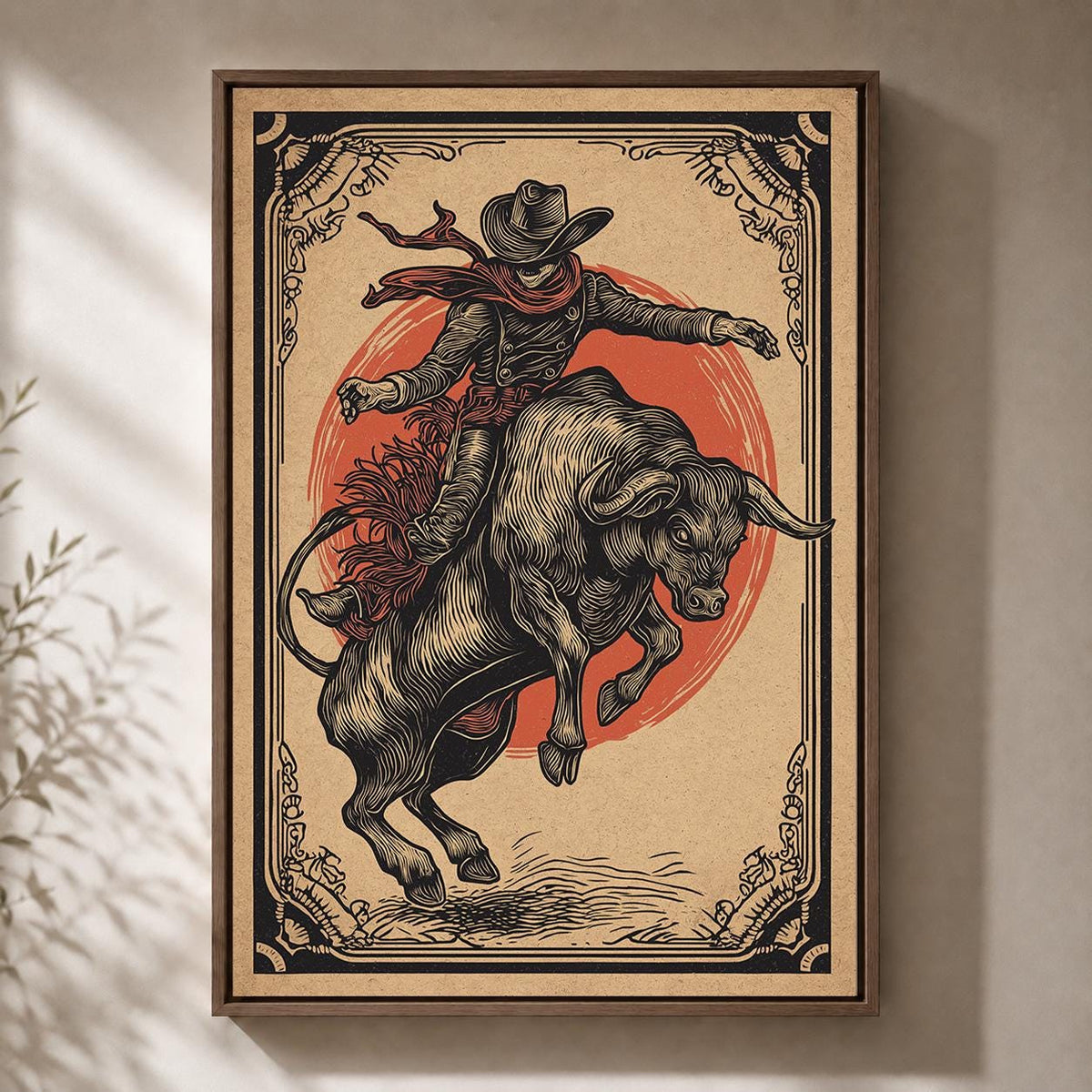 Cowboy Horse Riding Framed Canvas Wall Art, Vintage Western Rodeo Decor by The Wall Art Studio - physical