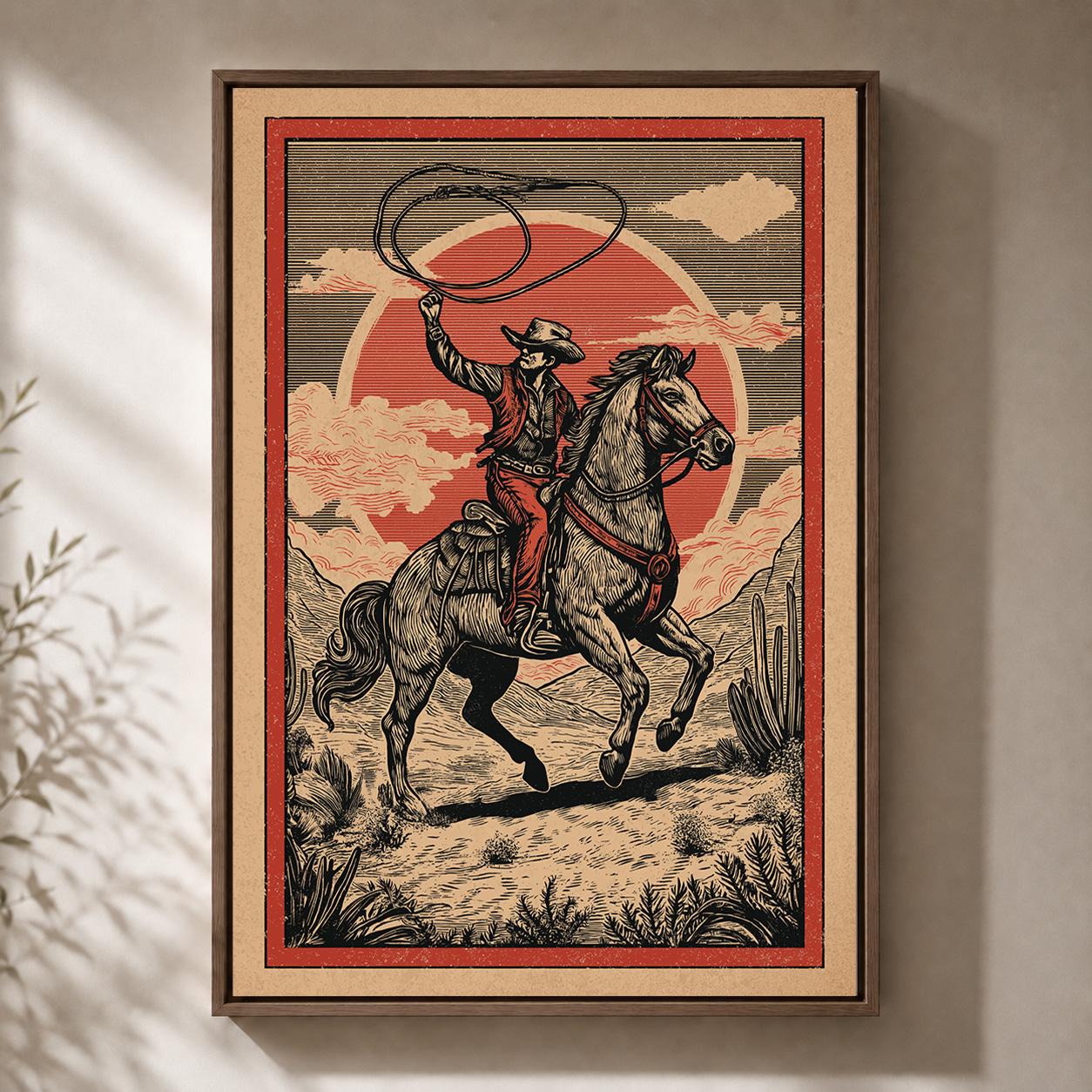 Cowboy Horse Riding Framed Canvas Wall Art, Vintage Western Rodeo Decor by The Wall Art Studio - physical