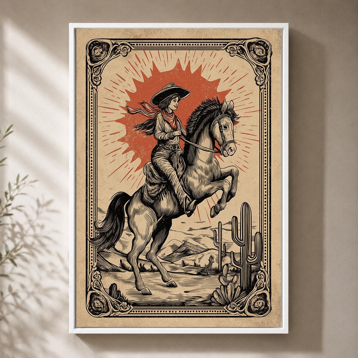 Cowgirl Framed Canvas Art, Vintage Western Rodeo Print, Desert Cowboy Artwork by The Wall Art Studio - physical