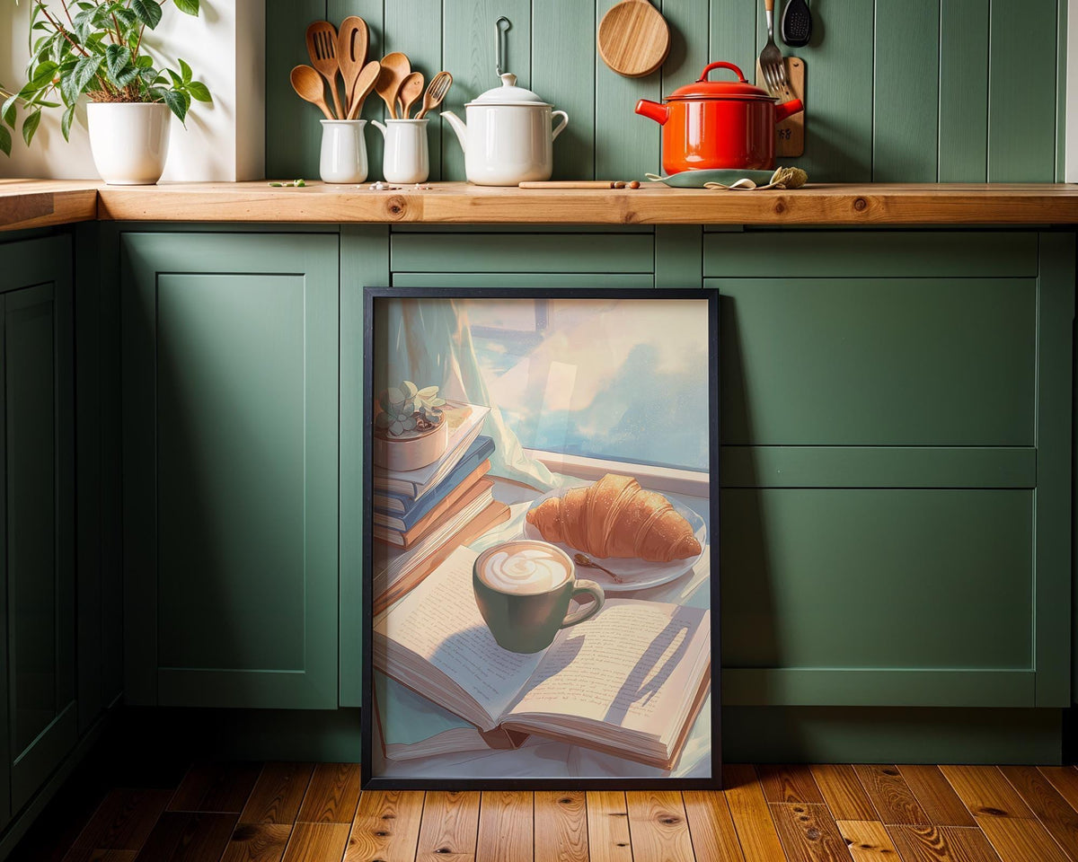 Cozy Coffee and Books Wall Art, Morning Reading Print, Coffee Lover Décor, Croissant Café Aesthetic Poster, Book Lover Gif...