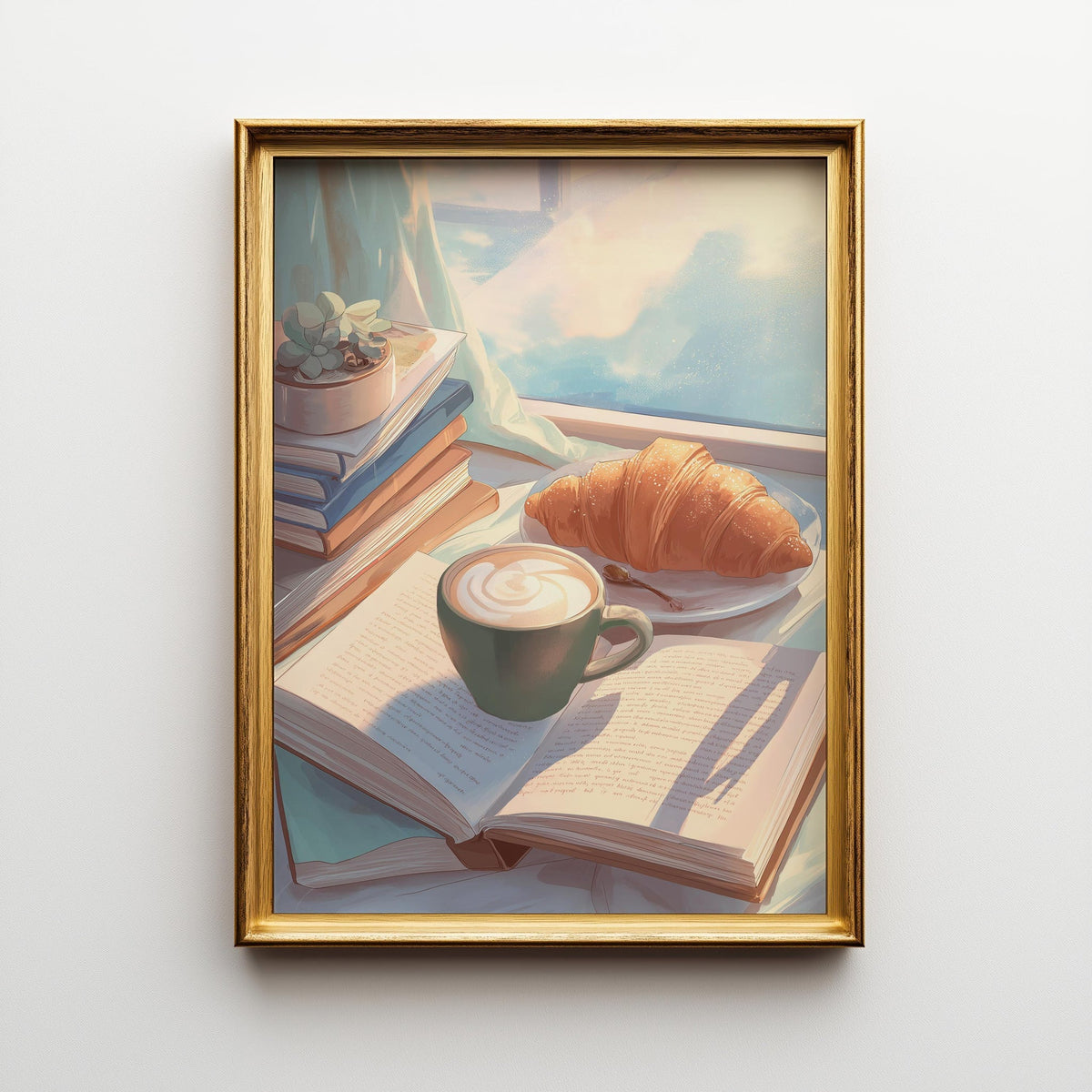 Cozy Coffee and Books Wall Art, Morning Reading Print, Coffee Lover Décor, Croissant Café Aesthetic Poster, Book Lover Gif...