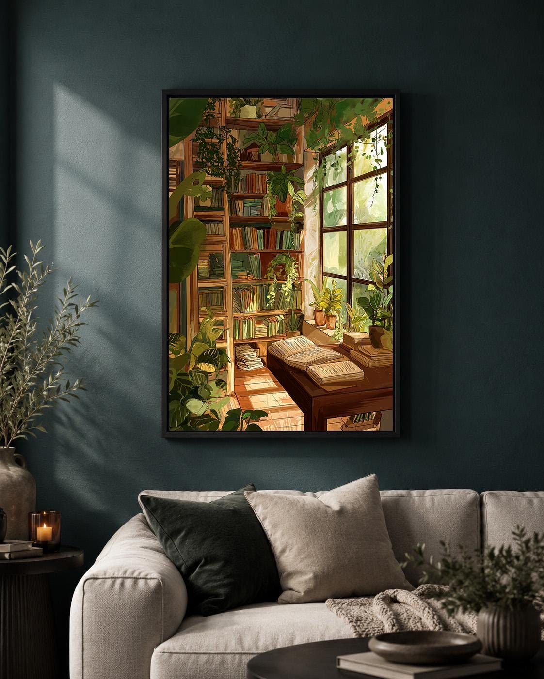 Cozy Library Framed Canvas Art, Reading Nook Print, Book Lover Cottagecore Study Artwork by The Wall Art Studio - physical