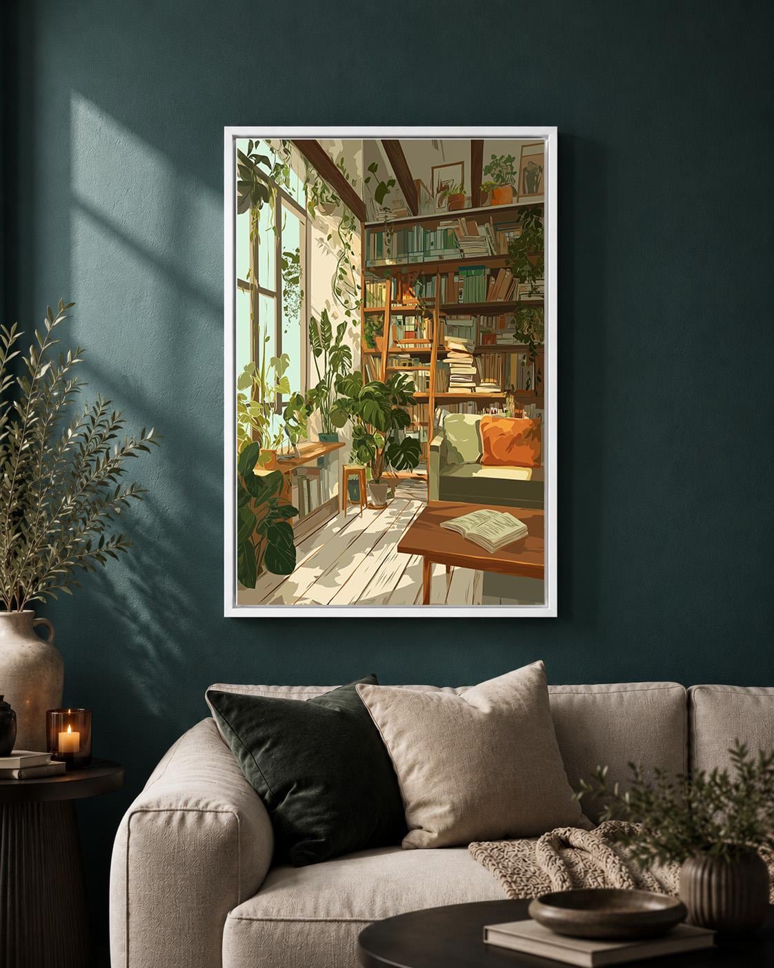 Cozy Plant Filled Library Framed Canvas Art, Book Lover Reading Room Wall Decor by The Wall Art Studio - physical