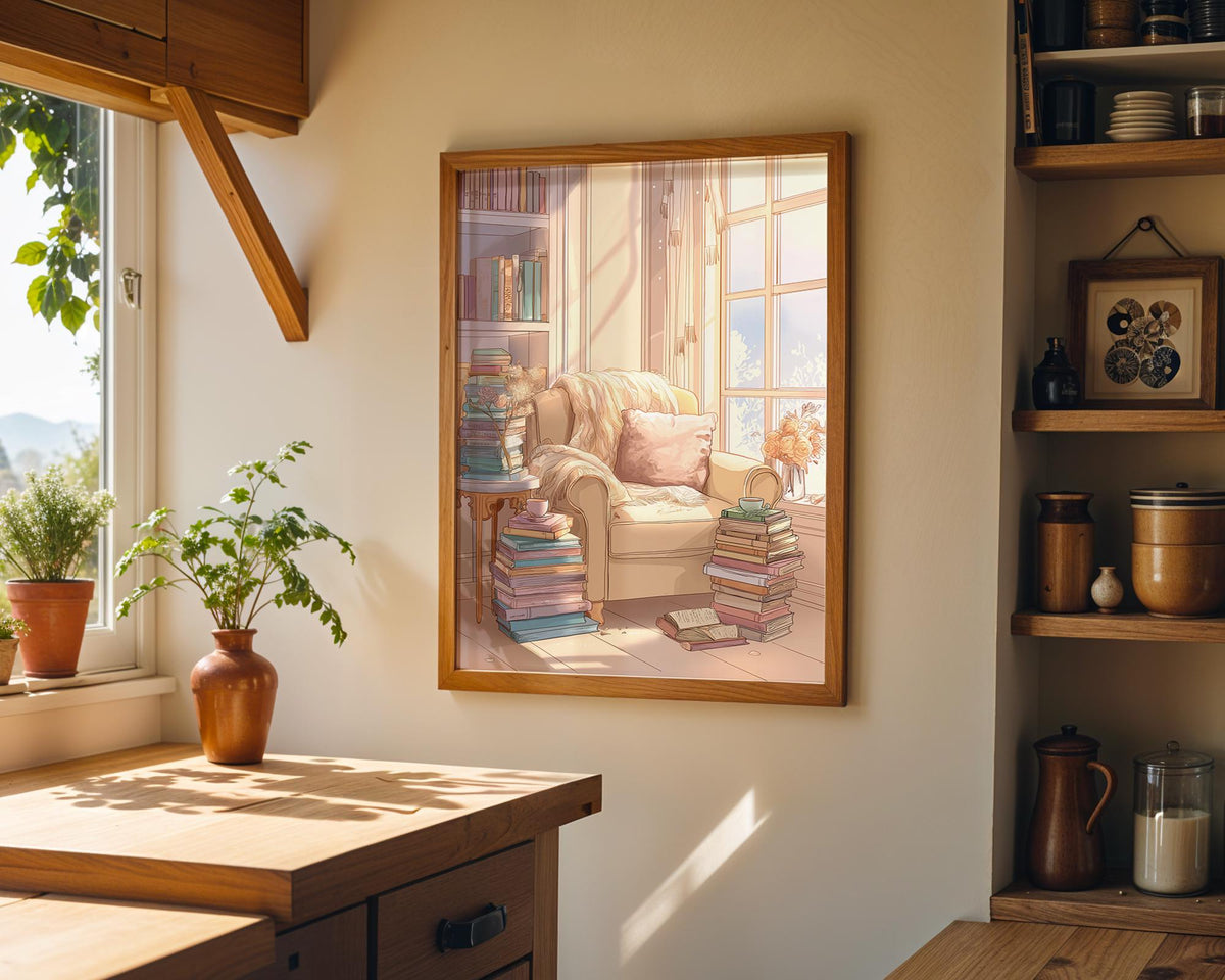 Cozy Reading Nook Wall Art, Book Lover Print, Cottagecore Library Décor, Soft Aesthetic Chair Poster, Reading Room Art, Pa...